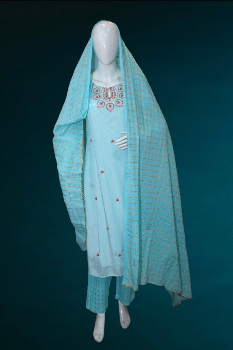 Cotton suit with contrast dupatta & Pant